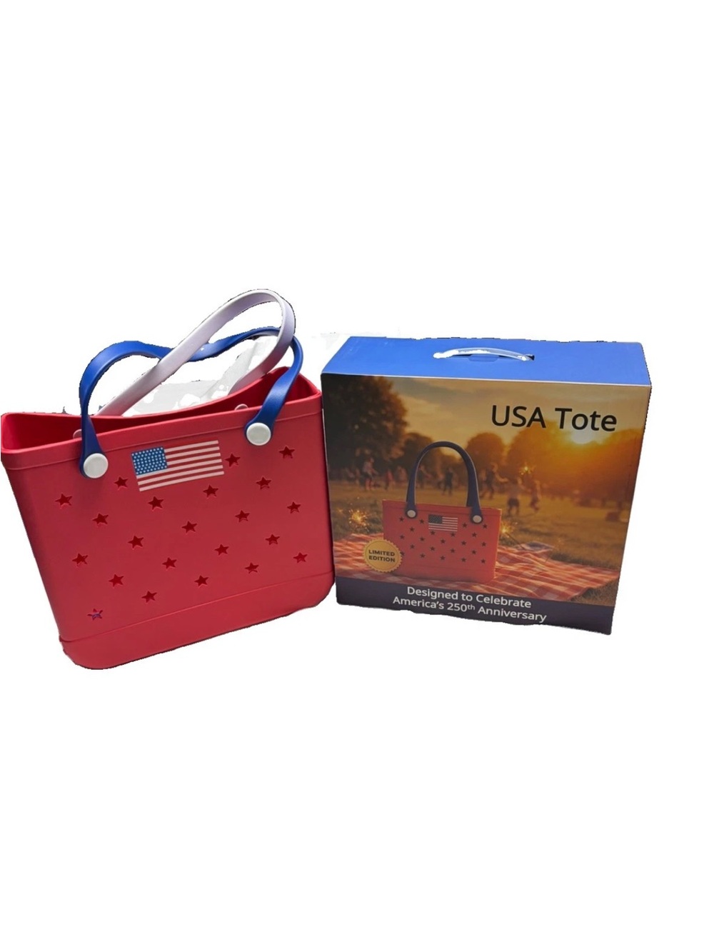 Red rubber USA Tote-NEW in BOX- Star cutouts-double handle - Picture 2 of 6